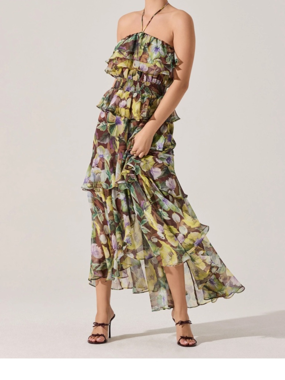 Astr Floral Ruffled Strapless Midi Dress in Green, Yellow, Purple